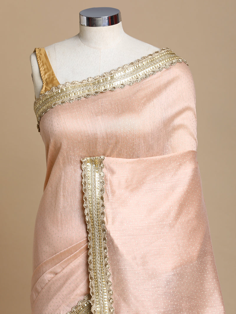 Anwesha x Tyohaar | Muted Copper Foil Chandheri Saree With Designer Embroidered Lace-Binks