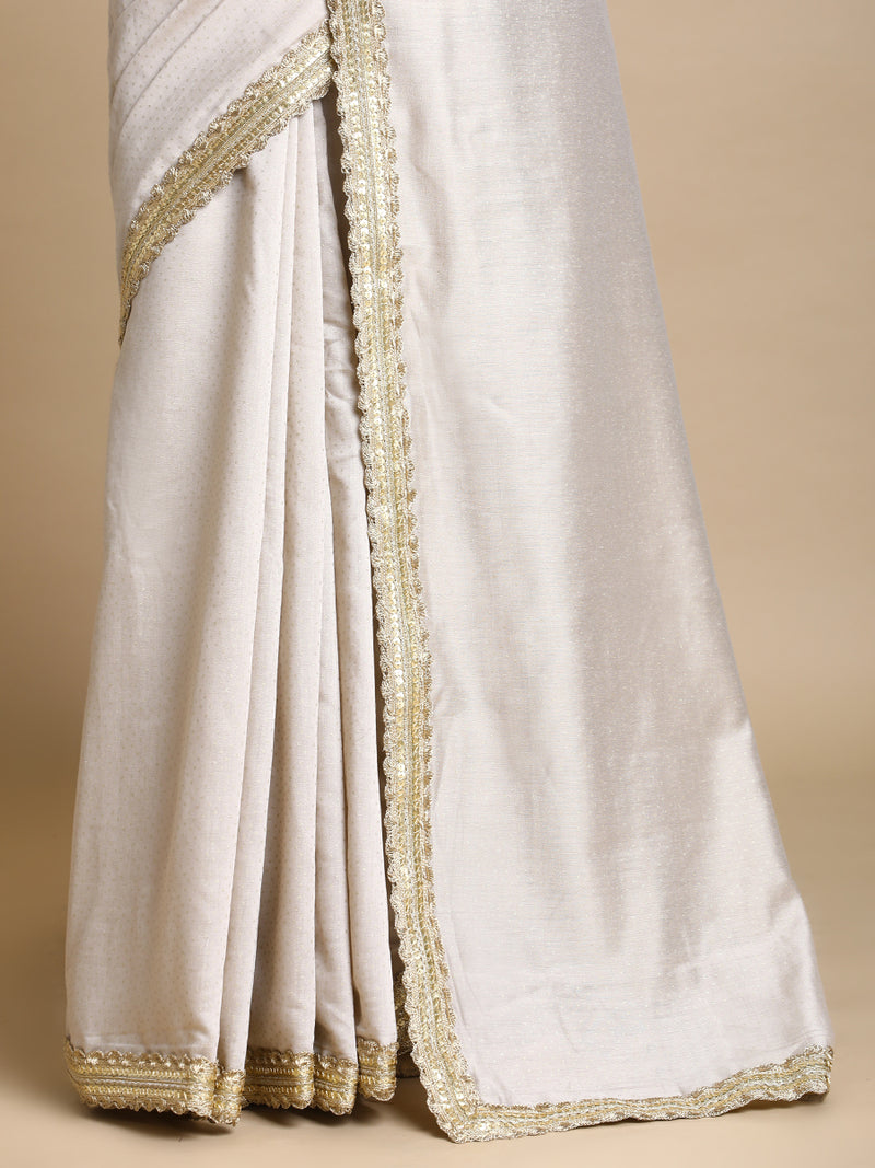 Anwesha x Tyohaar | Oyster Grey Foil Chandheri Saree With Designer Embroidered Lace-Binks
