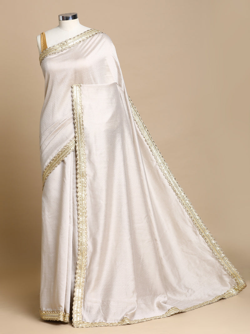Anwesha x Tyohaar | Oyster Grey Foil Chandheri Saree With Designer Embroidered Lace-Binks