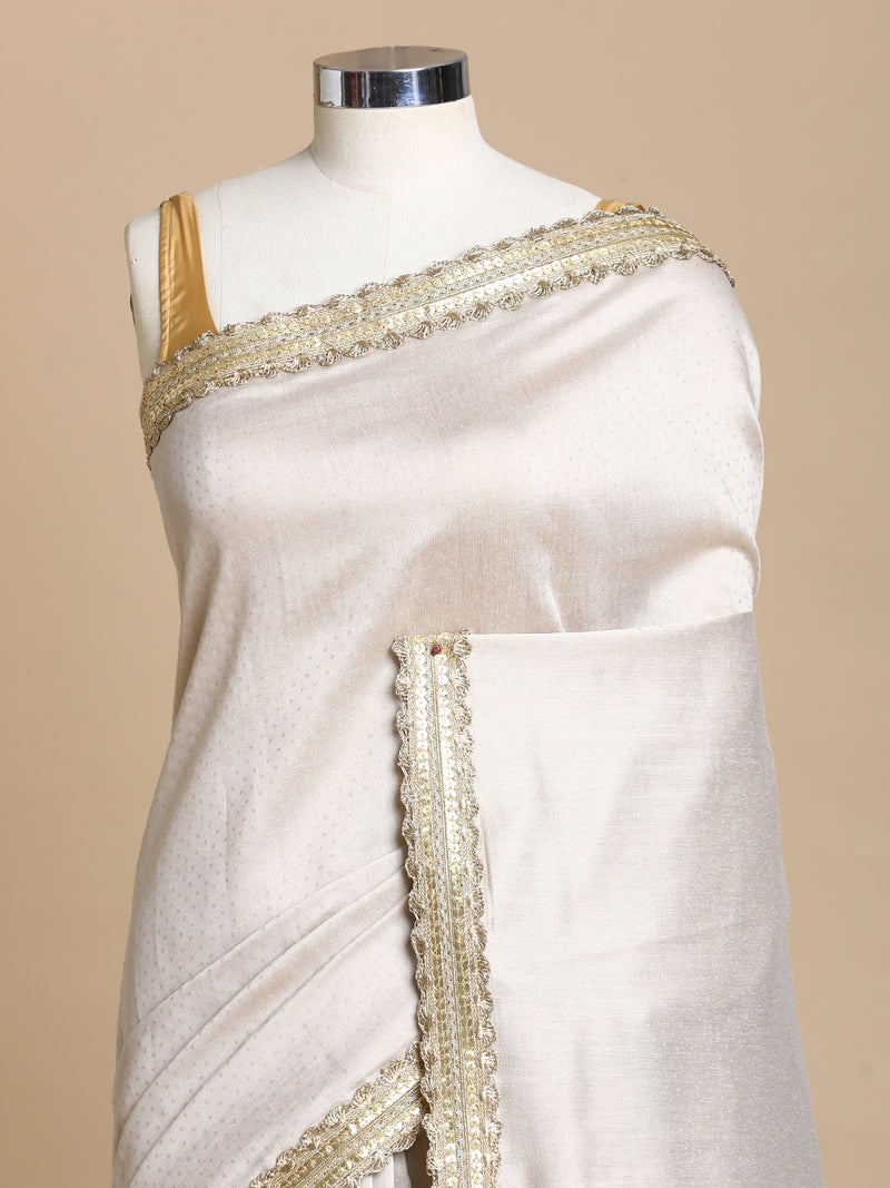 Anwesha x Tyohaar | Oyster Grey Foil Chandheri Saree With Designer Embroidered Lace-Binks