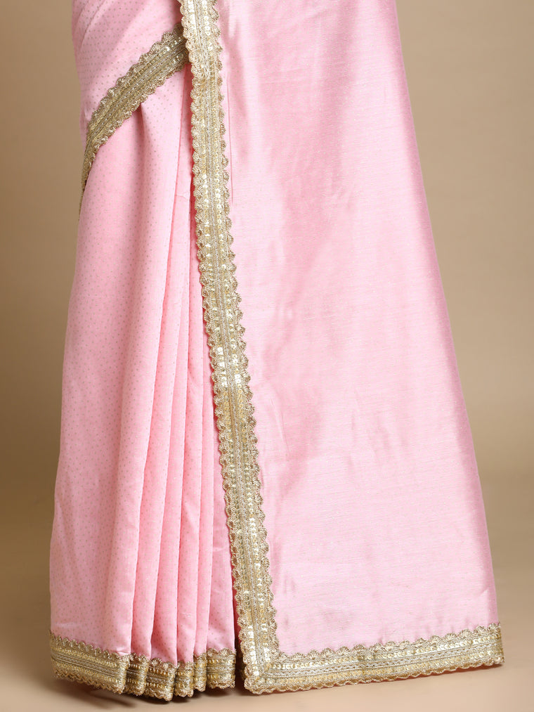 Anwesha x Tyohaar Saree, in Pink Chandheri, made for party & festive (view 2).