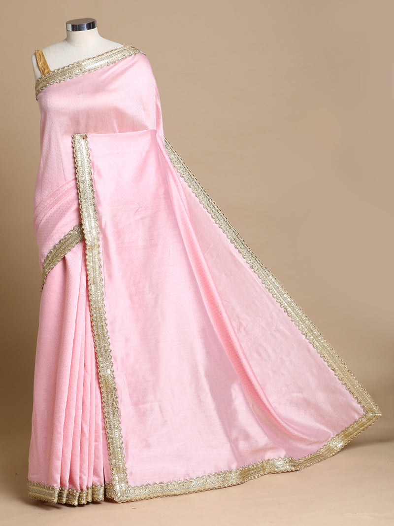 Anwesha x Tyohaar | Pink Foil Chandheri Saree With Designer Embroidered Lace-Binks