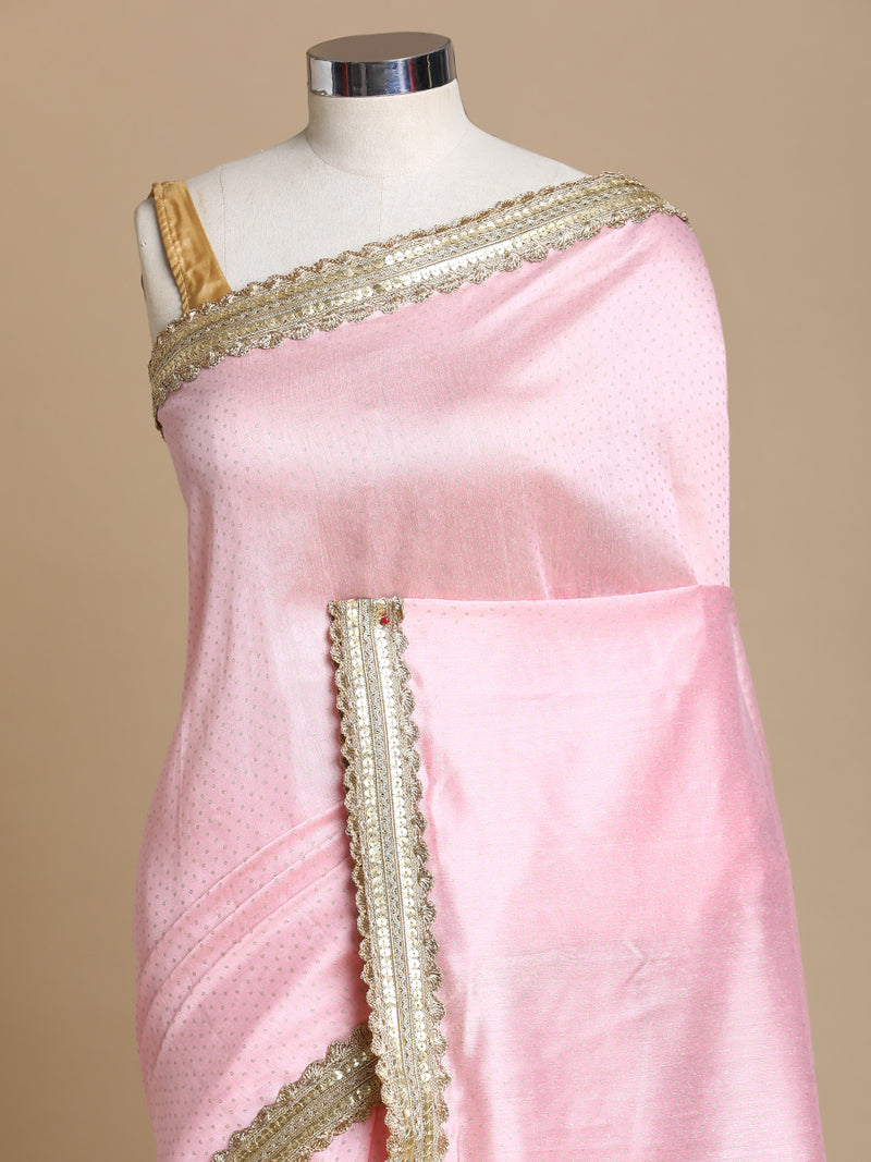 Anwesha x Tyohaar | Pink Foil Chandheri Saree With Designer Embroidered Lace-Binks