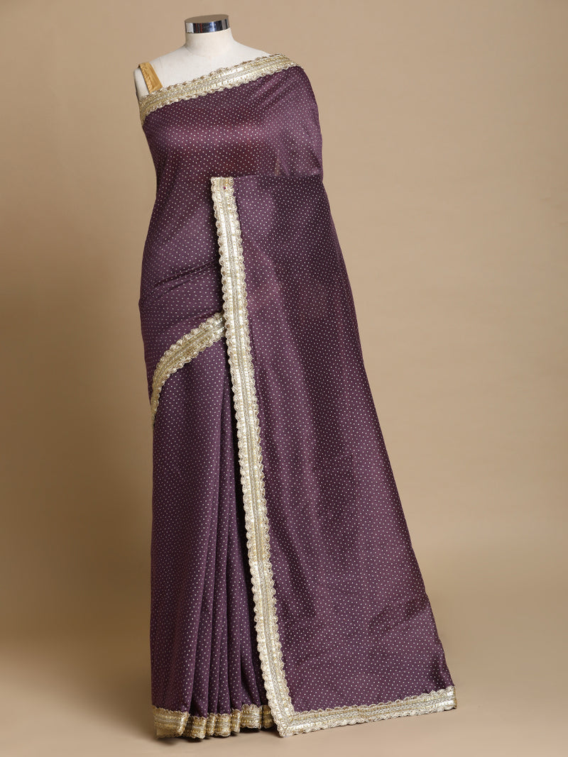Anwesha x Tyohaar | Purple Foil Chandheri Saree With Designer Embroidered Lace-Binks