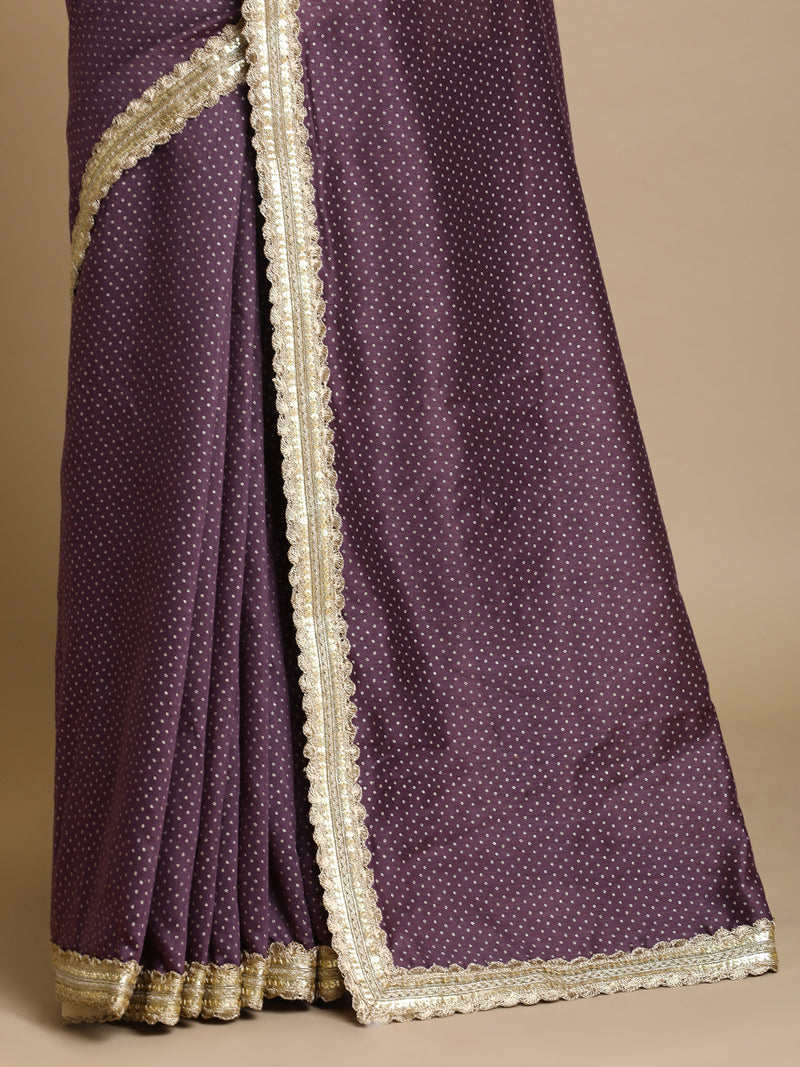 Anwesha x Tyohaar | Purple Foil Chandheri Saree With Designer Embroidered Lace-Binks
