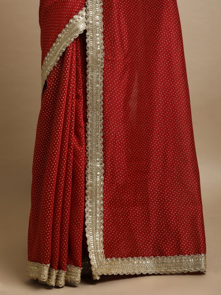 Anwesha x Tyohaar Saree, in Red Chandheri, made for party & festive (view 2).