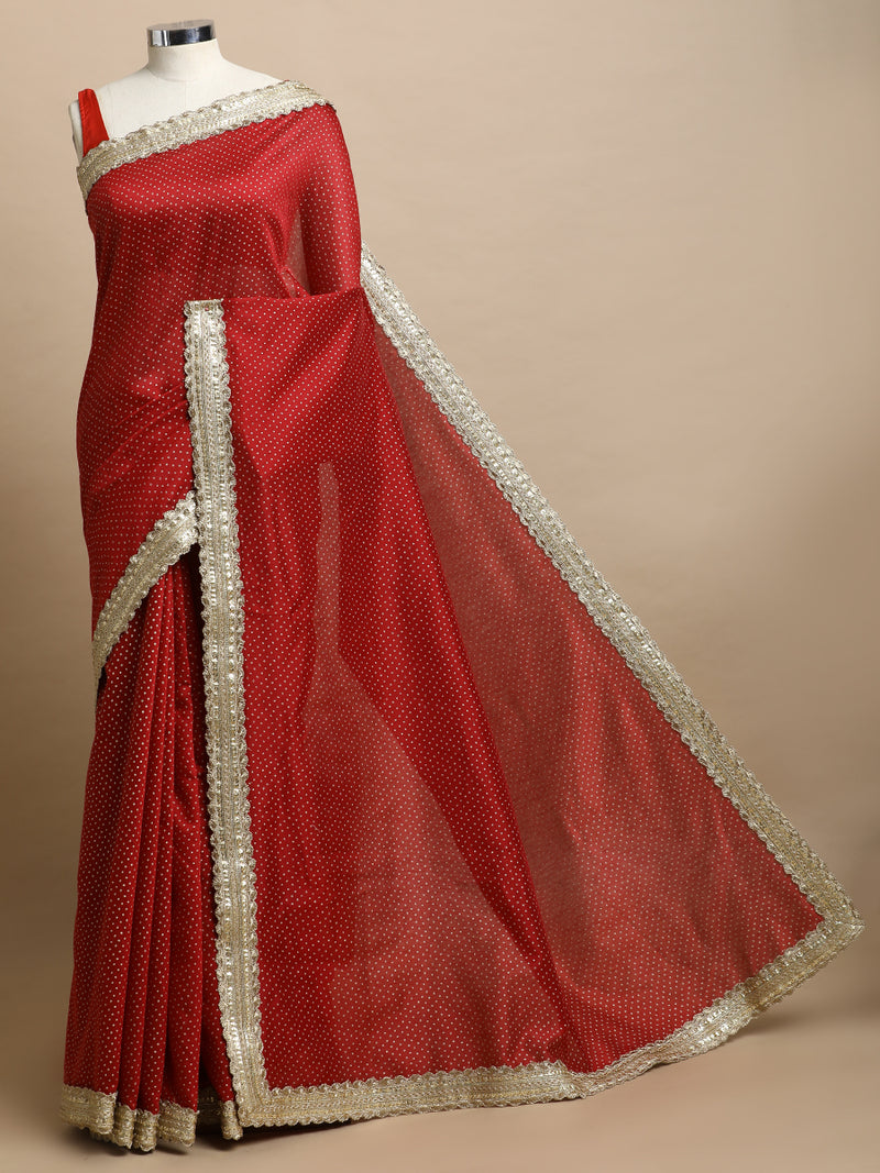 Anwesha x Tyohaar | Red Foil Chandheri Saree With Designer Embroidered Lace-Binks