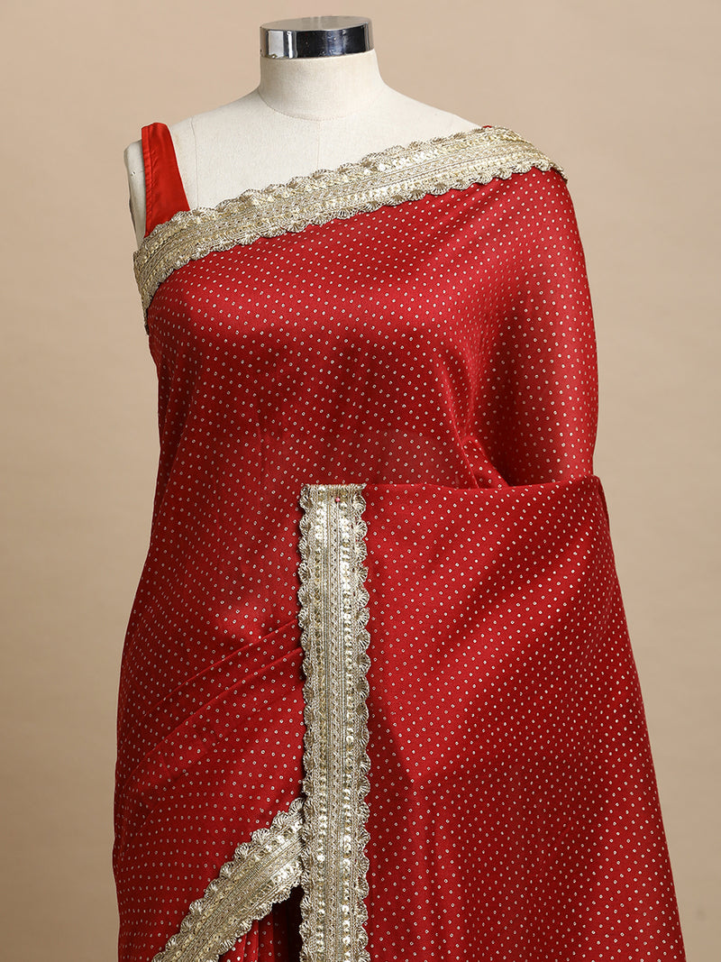 Anwesha x Tyohaar | Red Foil Chandheri Saree With Designer Embroidered Lace-Binks