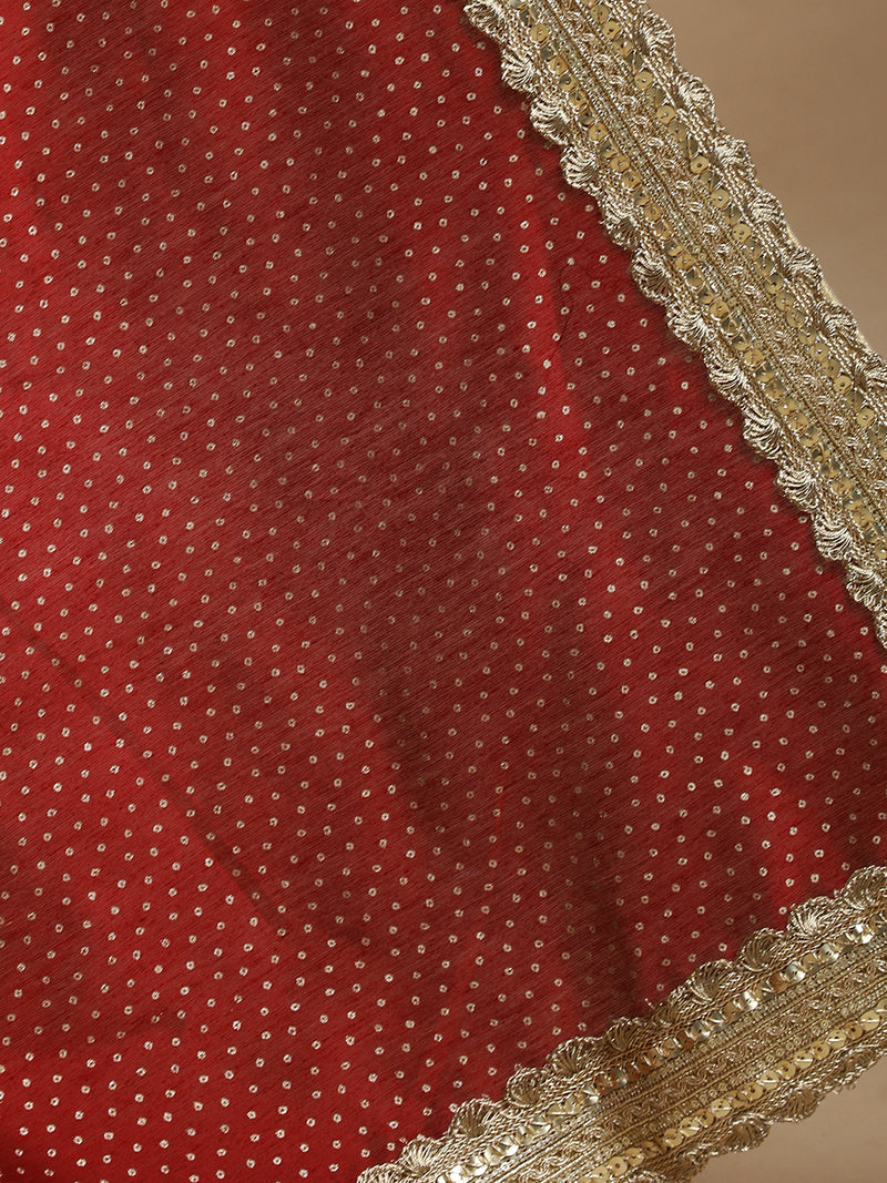 Anwesha x Tyohaar | Red Foil Chandheri Saree With Designer Embroidered Lace-Binks