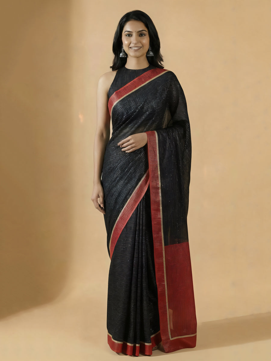 Dhwani x Rozaana | Black With Red Contrast Saree In Silver Striped Pure Cotton