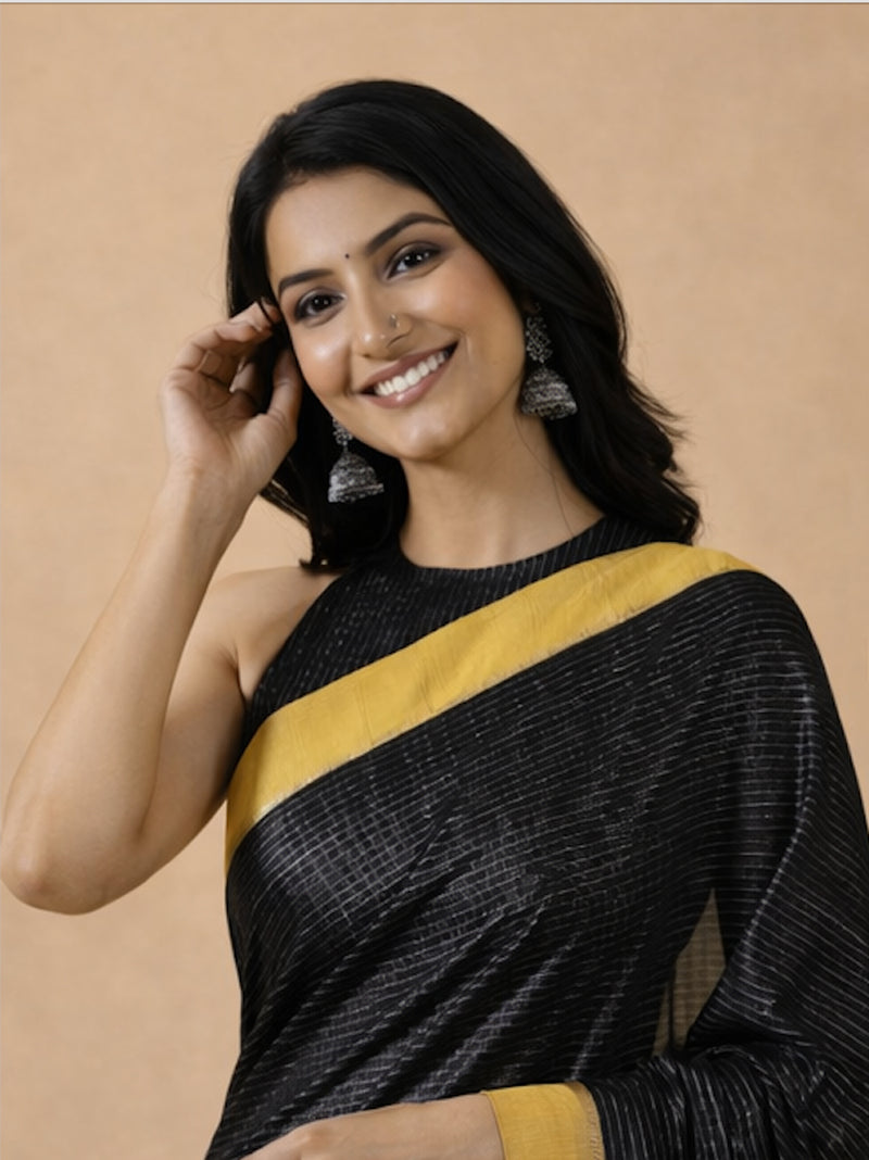 Dhwani x Rozaana | Black With Turmeric Yellow Contrast Saree In Silver Striped Pure Cotton-Binks