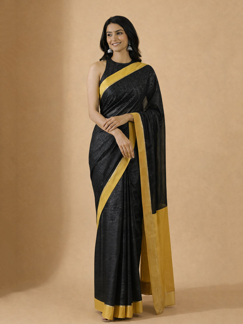 Dhwani x Rozaana | Black With Turmeric Yellow Contrast Saree In Silver Striped Pure Cotton-Binks