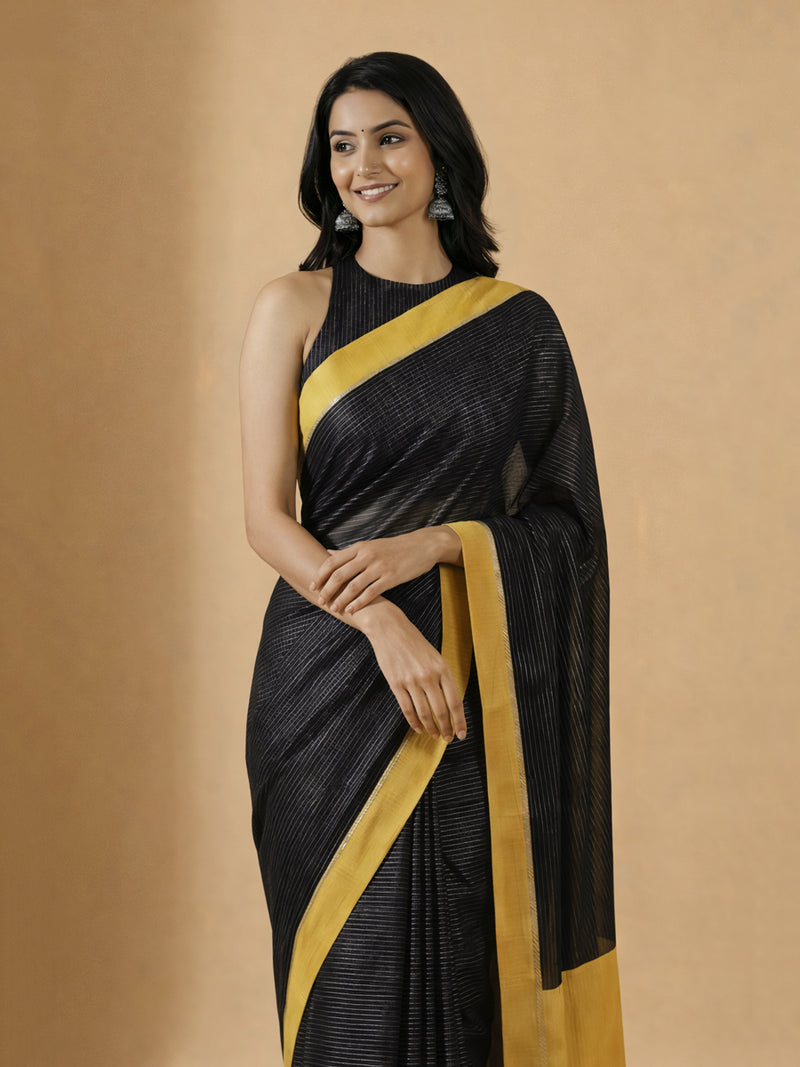 Dhwani x Rozaana | Black With Turmeric Yellow Contrast Saree In Silver Striped Pure Cotton-Binks