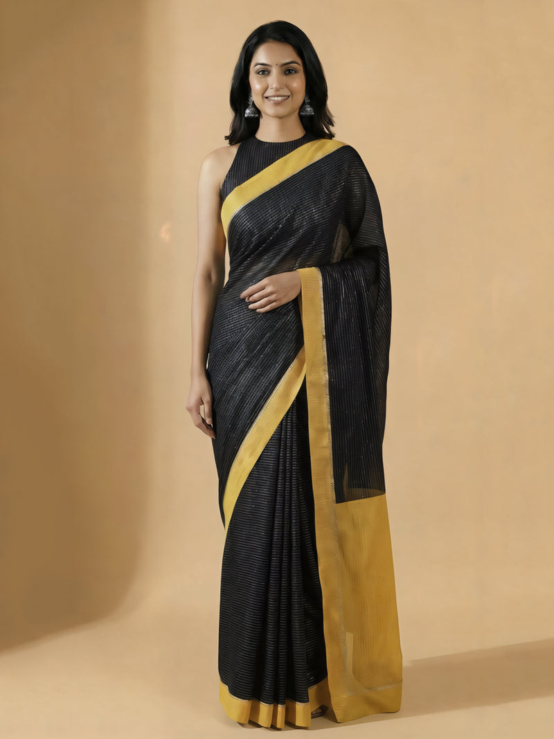 Dhwani x Rozaana | Black With Turmeric Yellow Contrast Saree In Silver Striped Pure Cotton-Binks