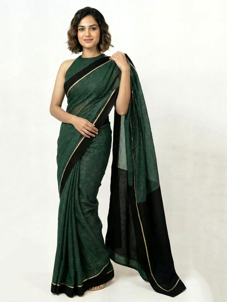 Dhwani x Rozaana Saree, in Green 100% Cotton & Lurex, made for daily & work.