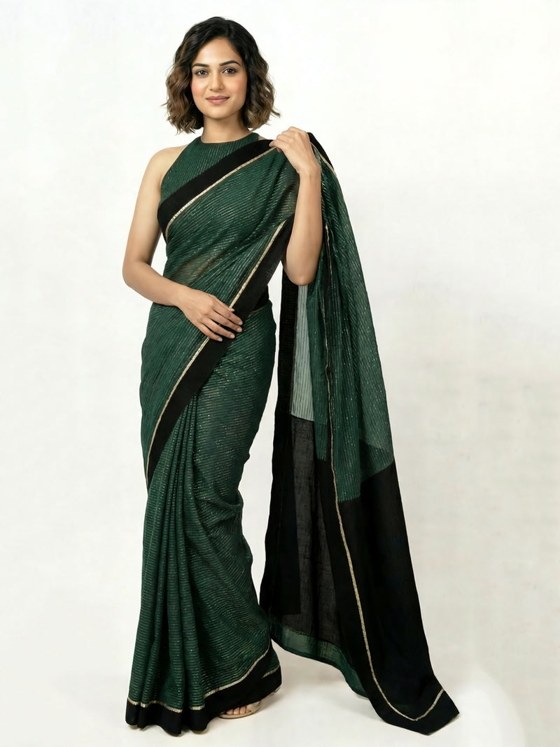 Dhwani x Rozaana | Dark Green With Black Contrast Saree In Silver Striped Pure Cotton-Binks