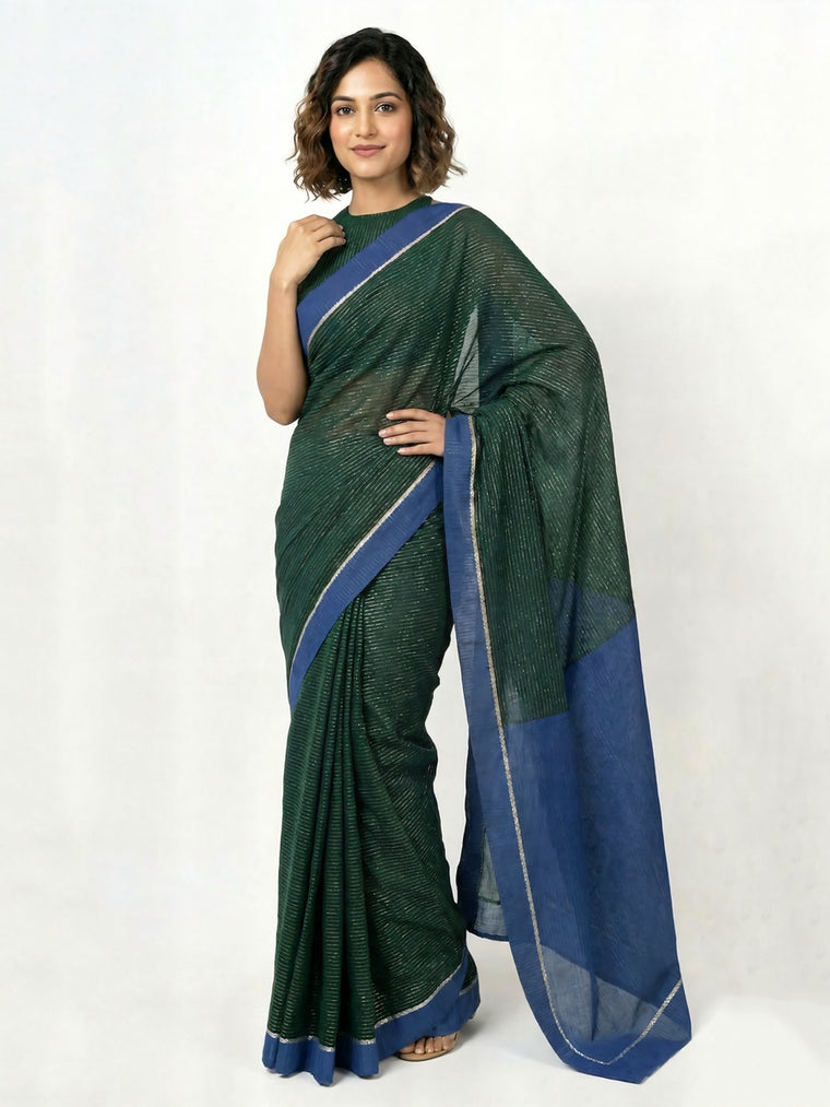 Dhwani x Rozaana Saree, in Green 100% Cotton & Lurex, made for daily & work.