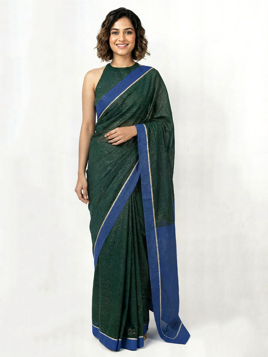 Dhwani x Rozaana Saree, in Green 100% Cotton & Lurex, made for daily & work (view 2).