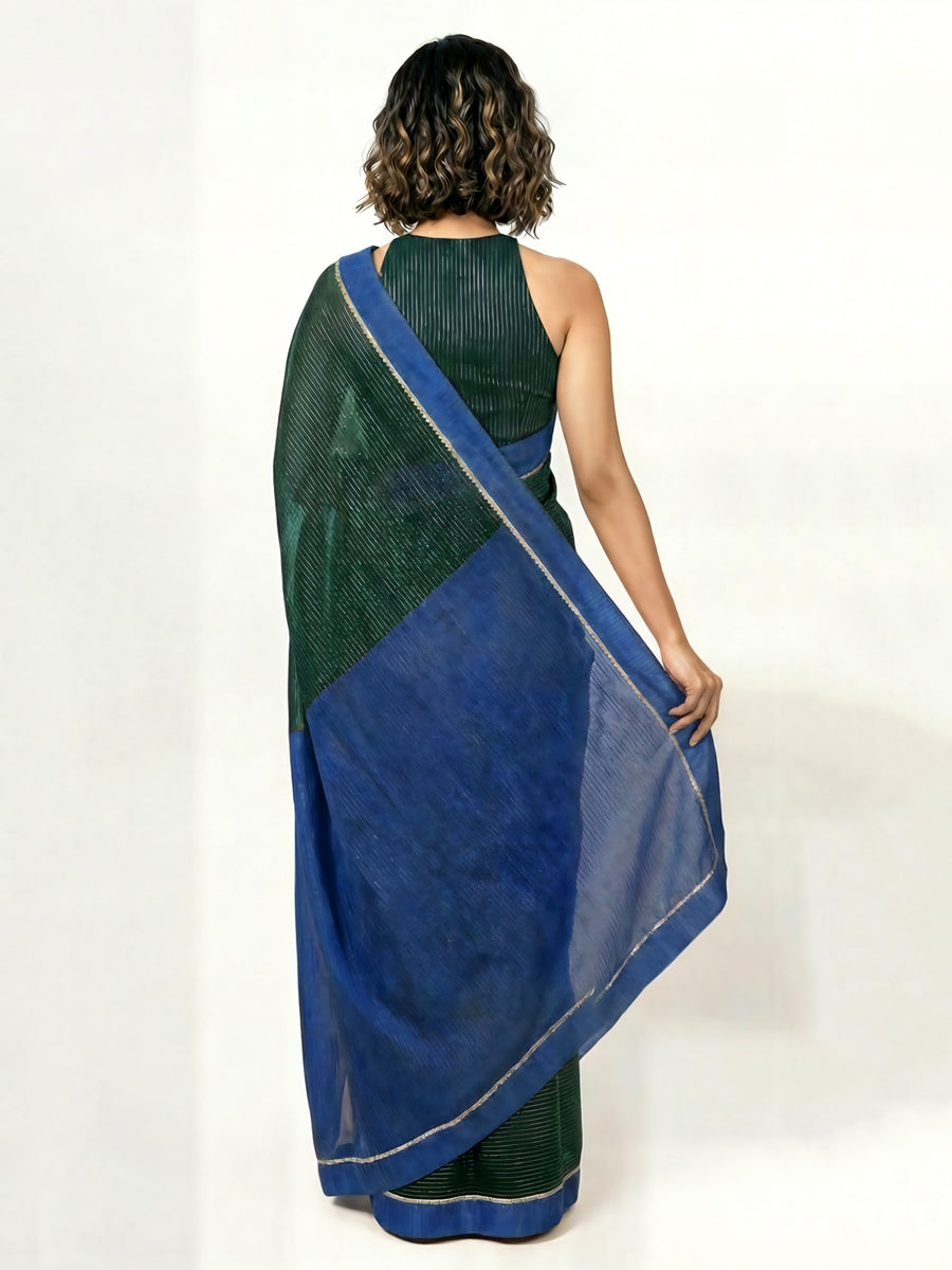 Dhwani x Rozaana Saree, in Green 100% Cotton & Lurex, made for daily & work (view 3).