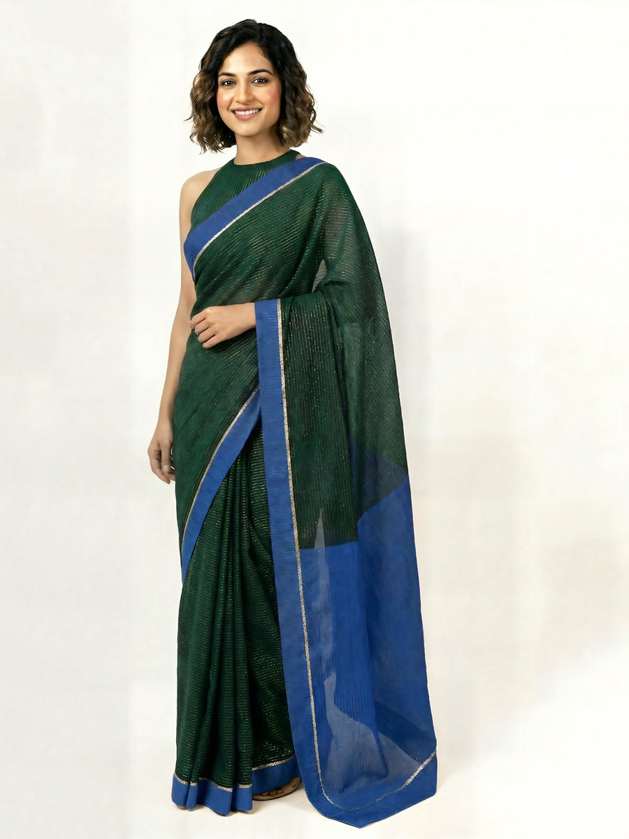 Dhwani x Rozaana Saree, in Green 100% Cotton & Lurex, made for daily & work (view 5).