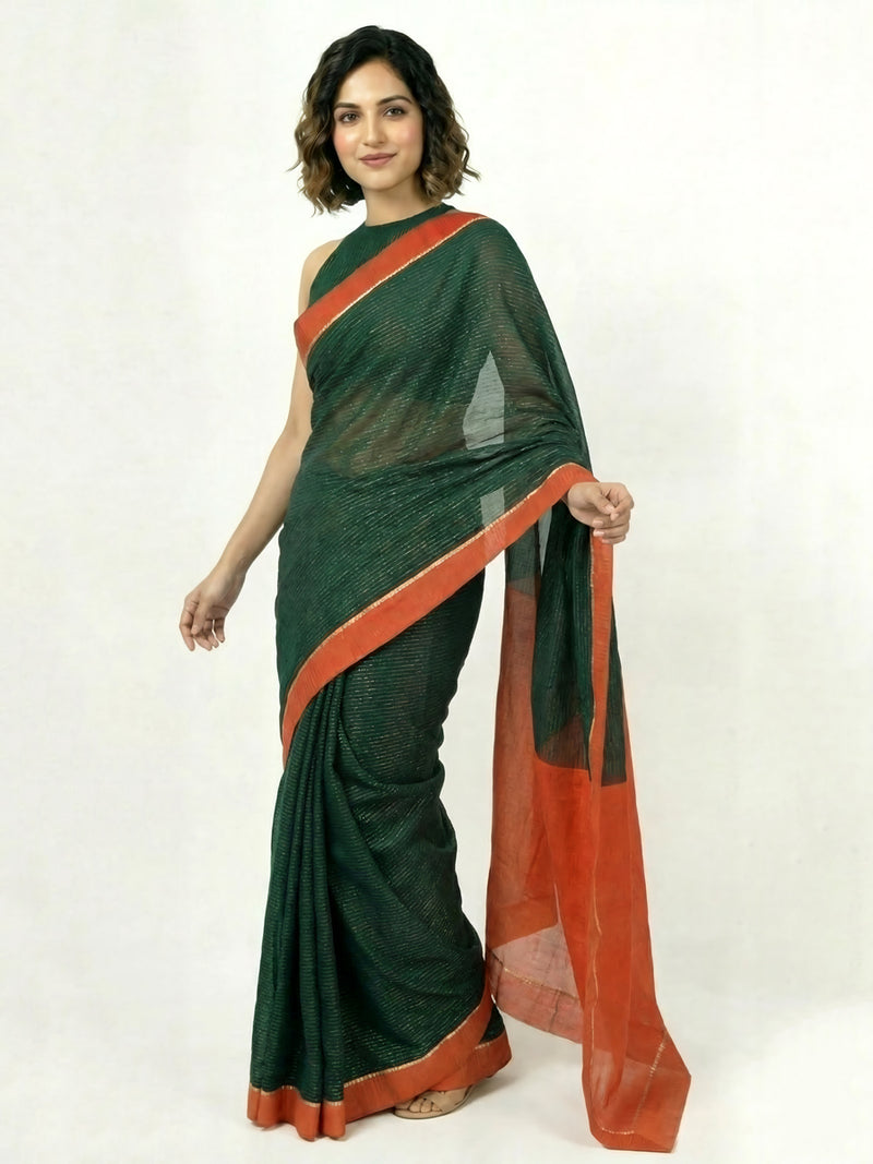 Dhwani x Rozaana | Dark Green With Red Contrast Saree In Silver Striped Pure Cotton-Binks