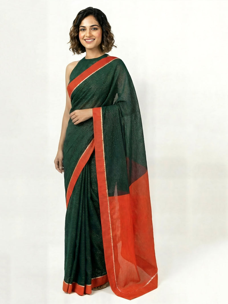 Dhwani x Rozaana | Dark Green With Red Contrast Saree In Silver Striped Pure Cotton-Binks