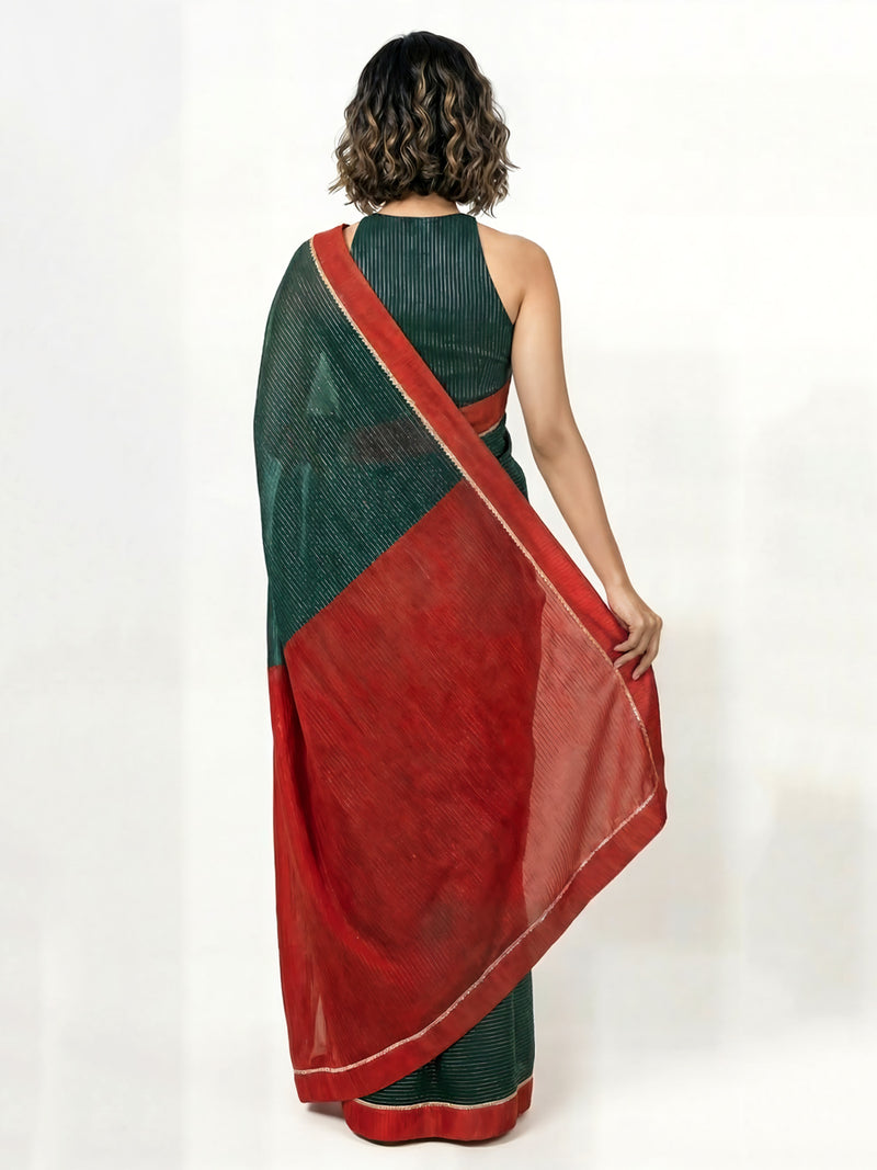 Dhwani x Rozaana | Dark Green With Red Contrast Saree In Silver Striped Pure Cotton-Binks
