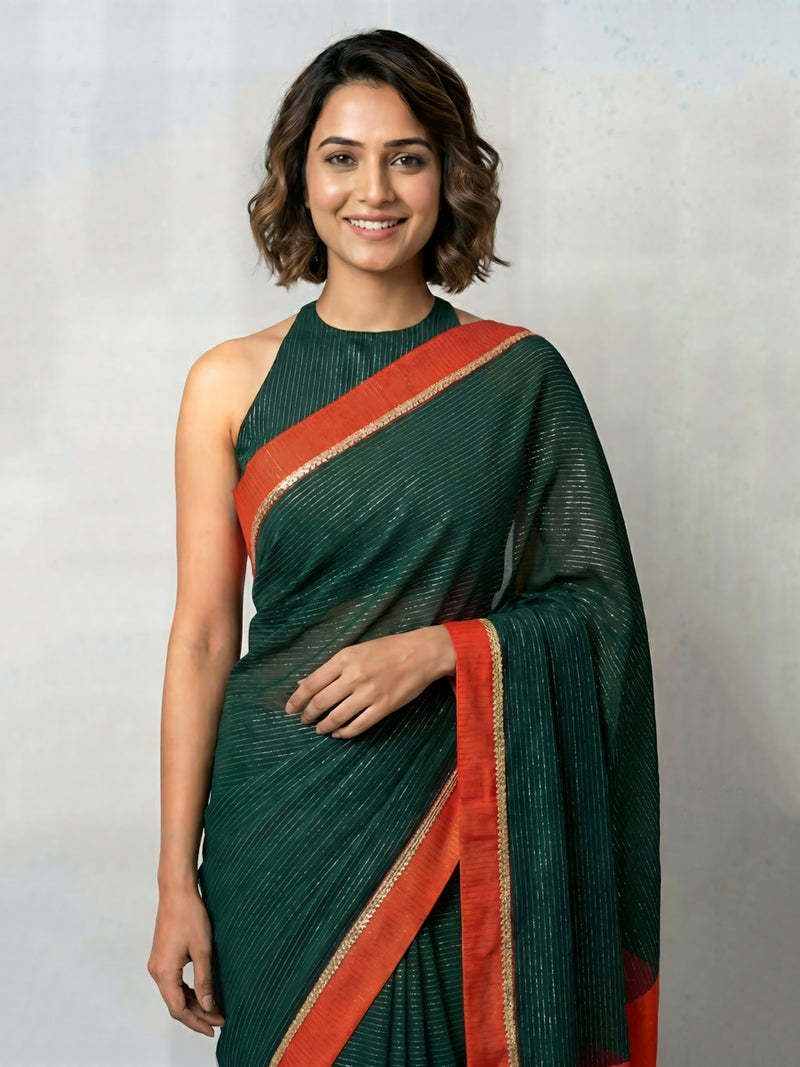 Dhwani x Rozaana | Dark Green With Red Contrast Saree In Silver Striped Pure Cotton-Binks