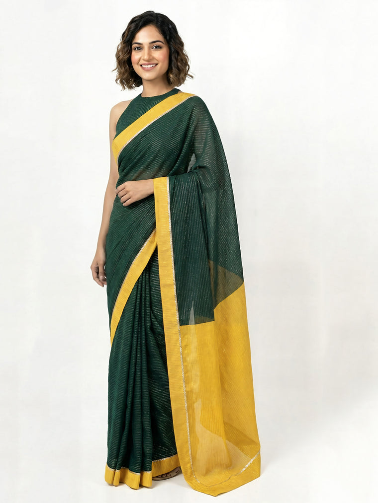 Dhwani x Rozaana Saree, in Green 100% Cotton & Lurex, made for daily & work.