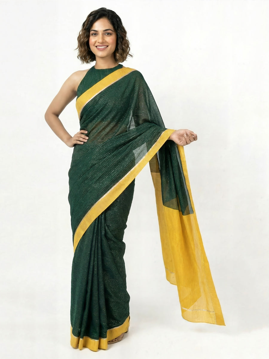 Dhwani x Rozaana Saree, in Green 100% Cotton & Lurex, made for daily & work (view 5).