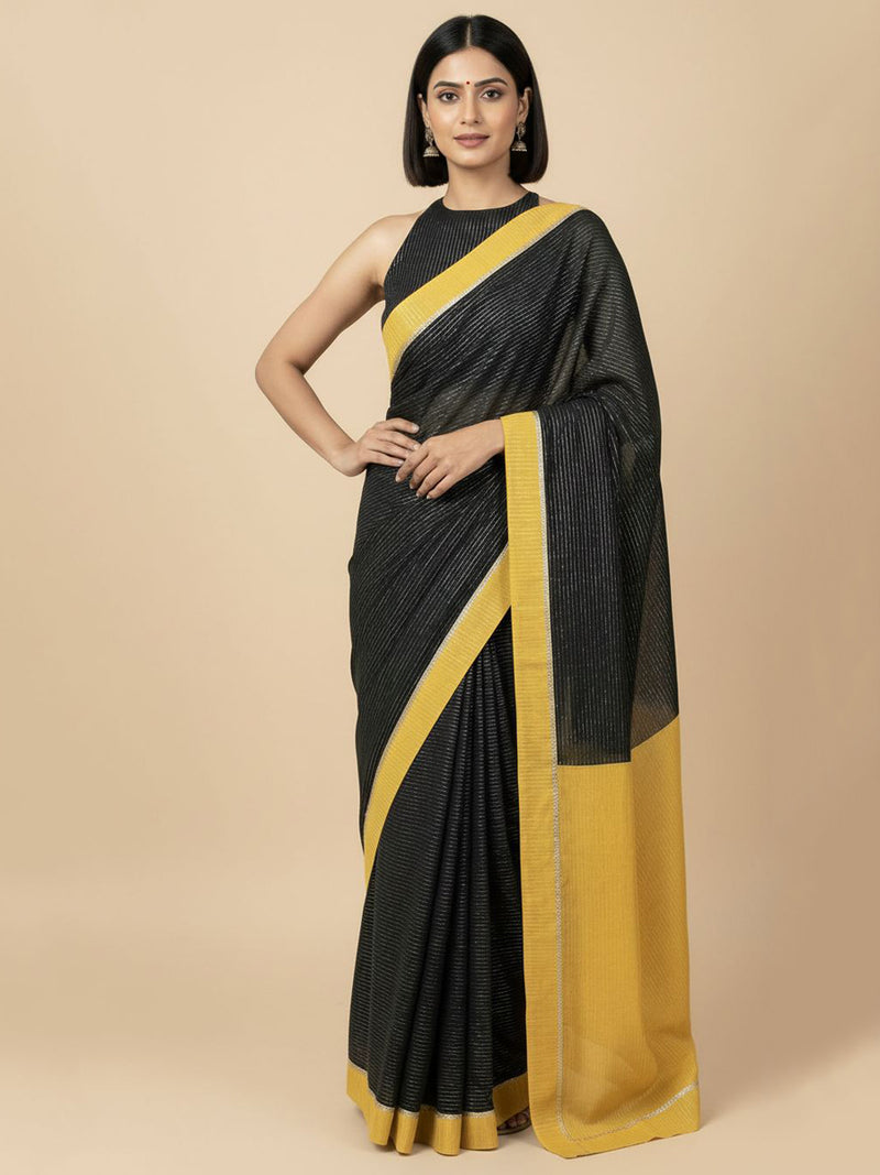 Dhwani x Rozaana | Black With Turmeric Yellow Contrast Saree In Silver Striped Pure Cotton-Binks