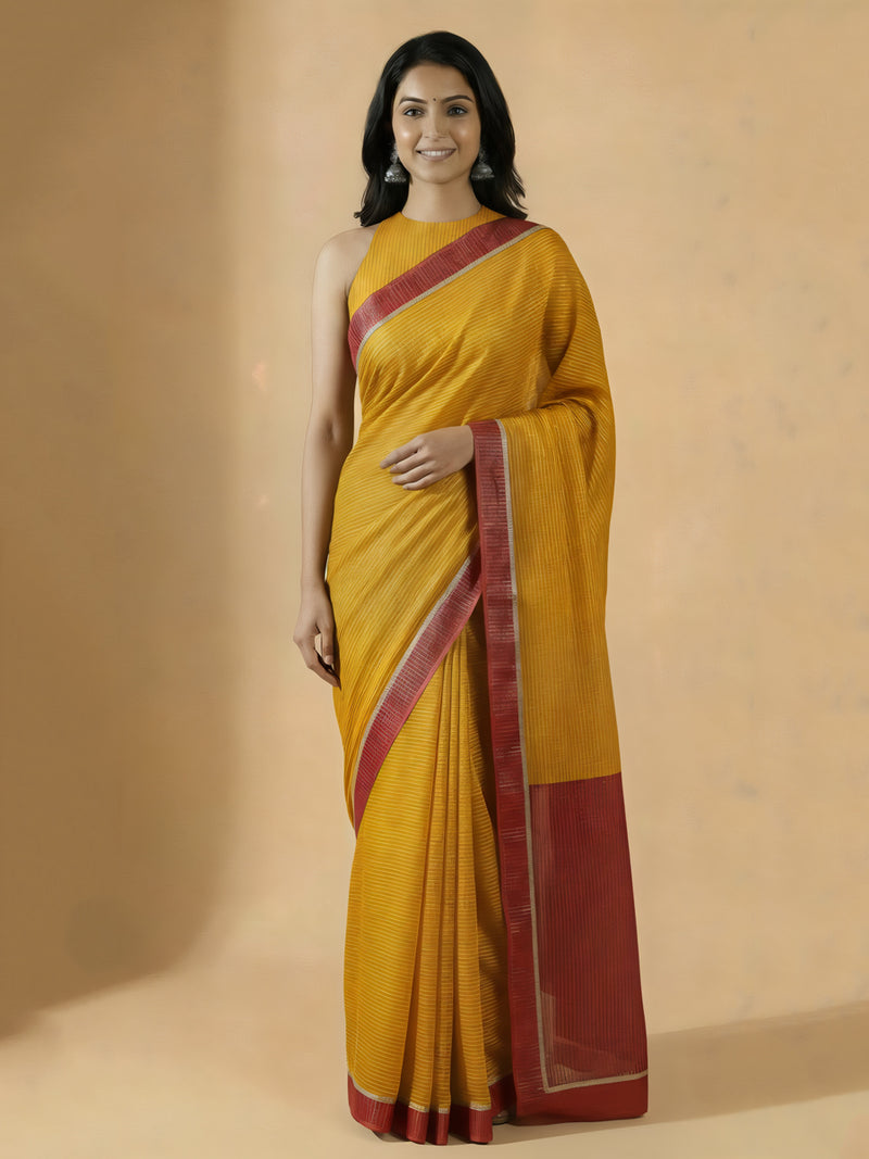 Dhwani x Rozaana | Turmeric Yellow With Red Contrast Saree In Silver Striped Pure Cotton-Binks