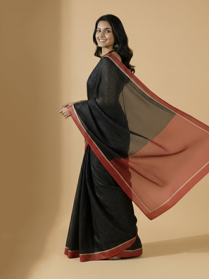 Dhwani x Rozaana | Black With Red Contrast Saree In Silver Striped Pure Cotton-Binks