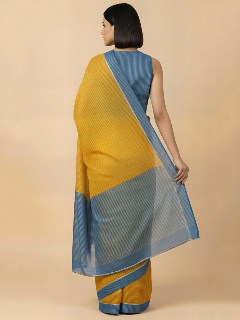 Dhwani x Rozaana | Turmeric Yellow With Indigo Contrast Saree In Silver Striped Pure Cotton-Binks