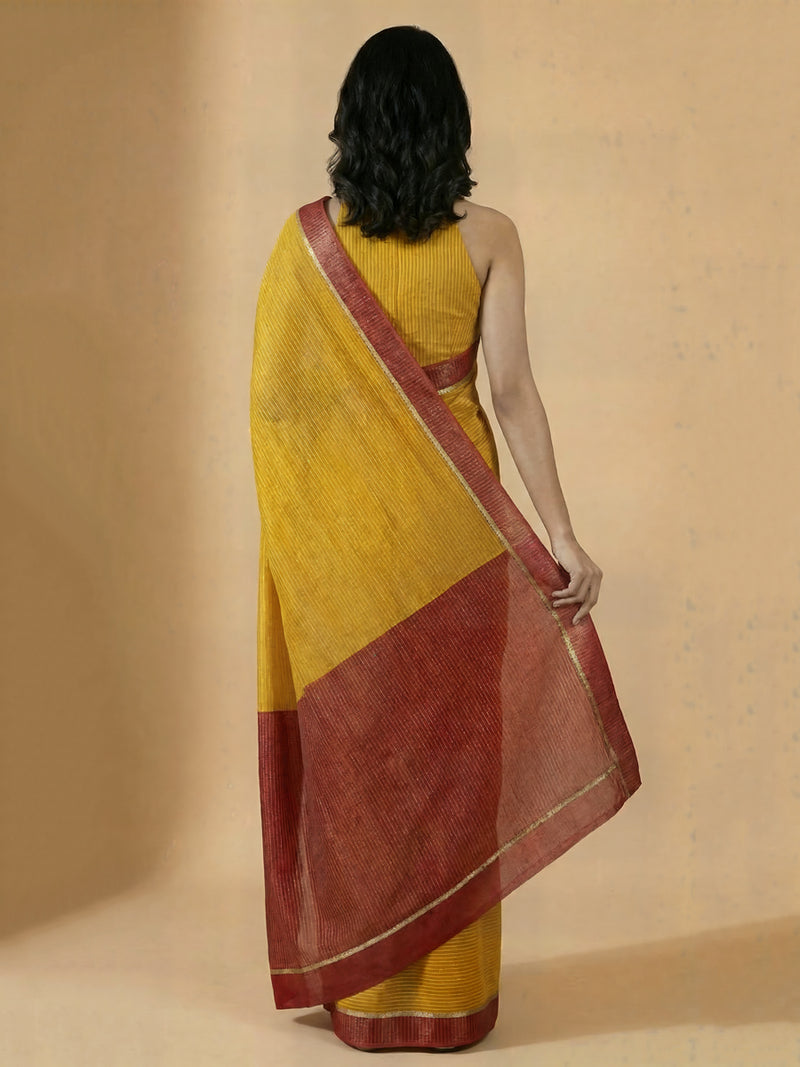 Dhwani x Rozaana | Turmeric Yellow With Red Contrast Saree In Silver Striped Pure Cotton-Binks
