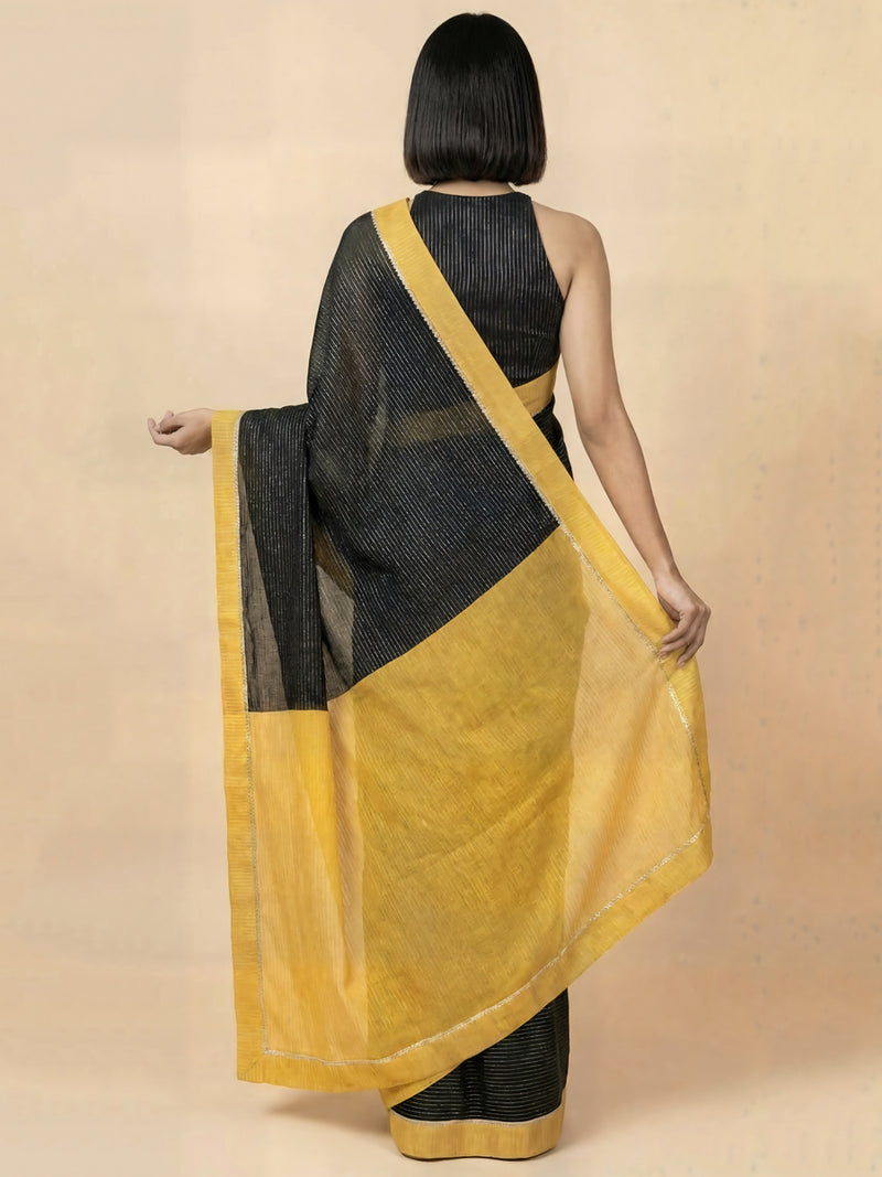 Dhwani x Rozaana | Black With Turmeric Yellow Contrast Saree In Silver Striped Pure Cotton-Binks