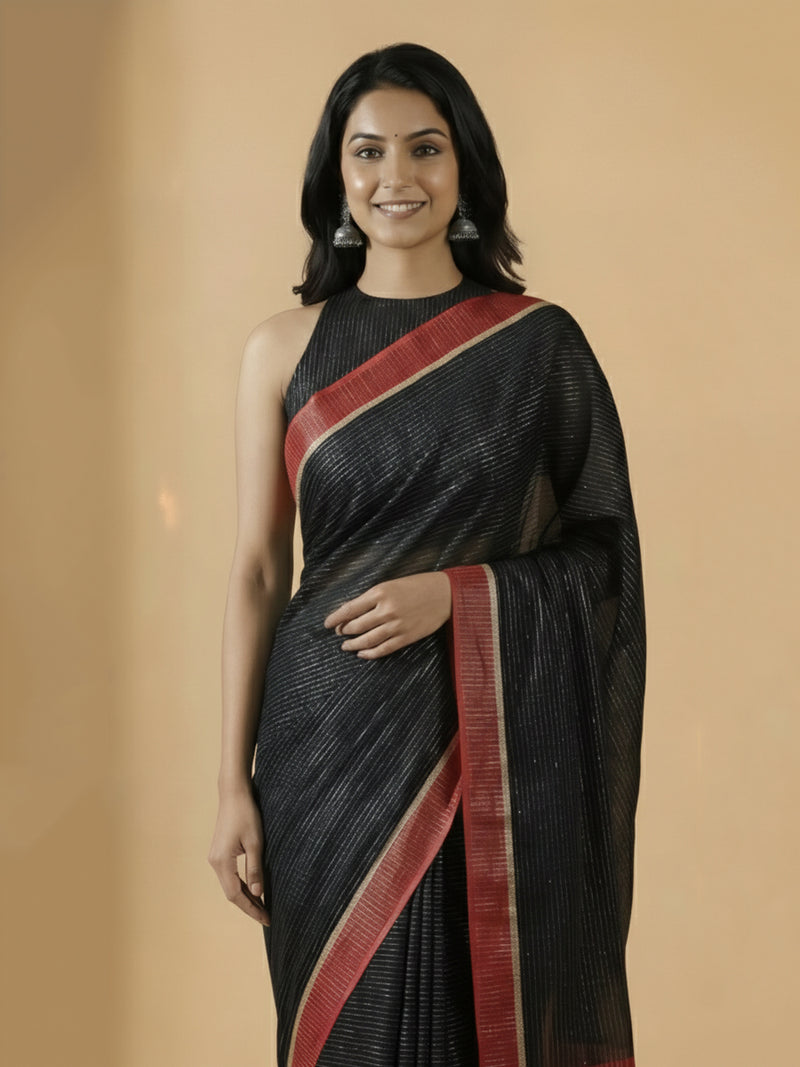 Dhwani x Rozaana | Black With Red Contrast Saree In Silver Striped Pure Cotton-Binks