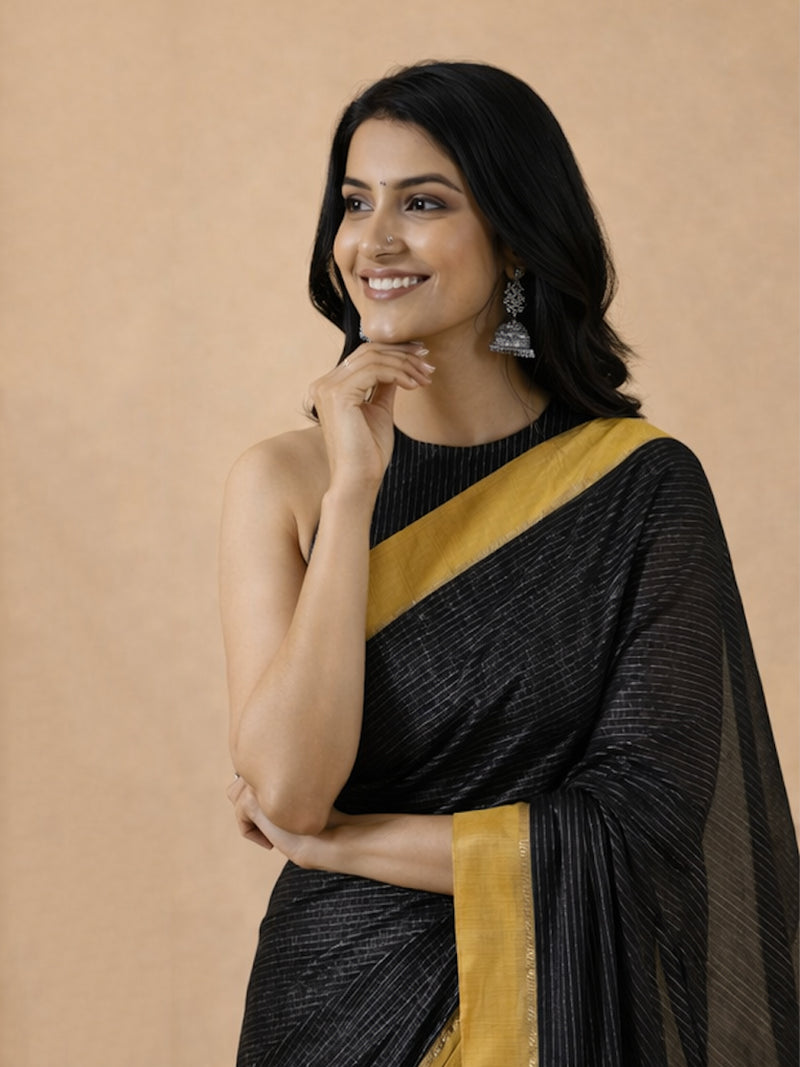 Dhwani x Rozaana | Black With Turmeric Yellow Contrast Saree In Silver Striped Pure Cotton-Binks