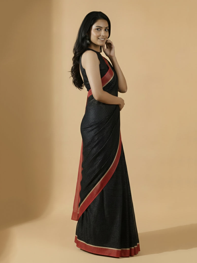 Dhwani x Rozaana | Black With Red Contrast Saree In Silver Striped Pure Cotton-Binks