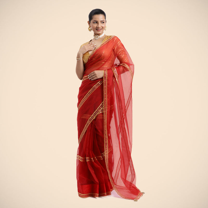 Gulaal x Tyohaar | Crimson Red Organza Ready-to-Wear Saree with Golden Gota Border-Binks