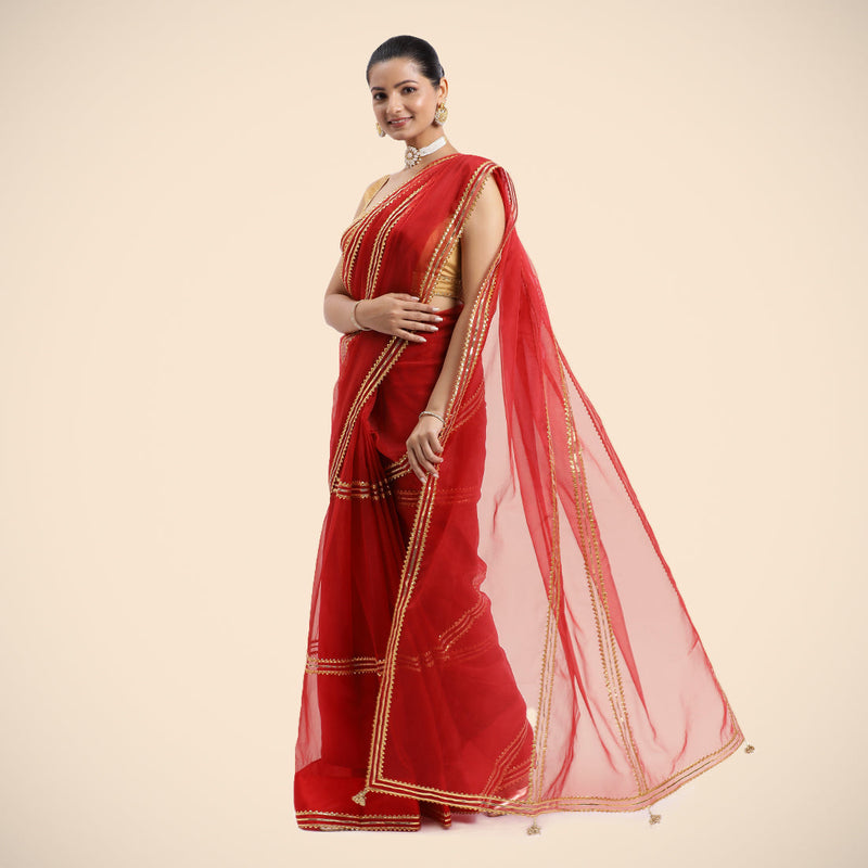 Gulaal x Tyohaar | Crimson Red Organza Ready-to-Wear Saree with Golden Gota Border-Binks