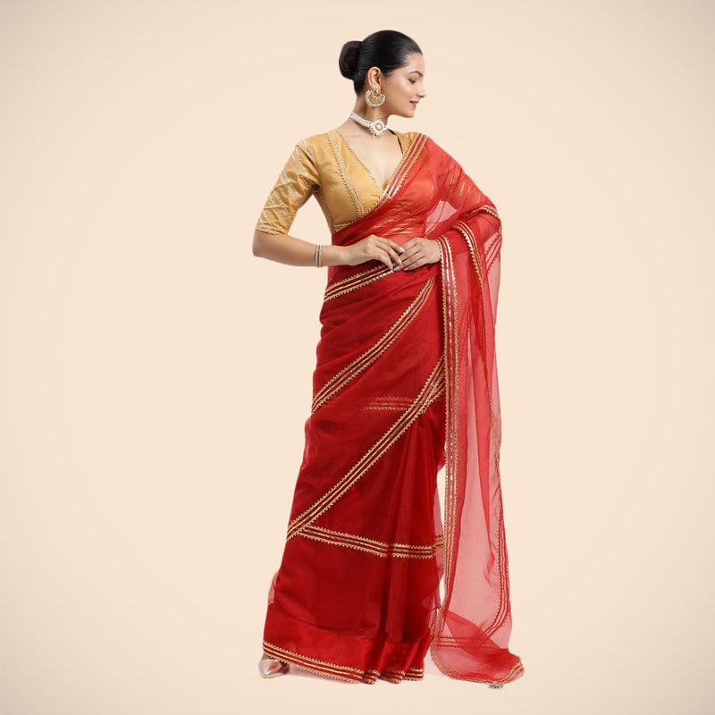 Gulaal x Tyohaar | Crimson Red Organza Ready-to-Wear Saree with Golden Gota Border-Binks