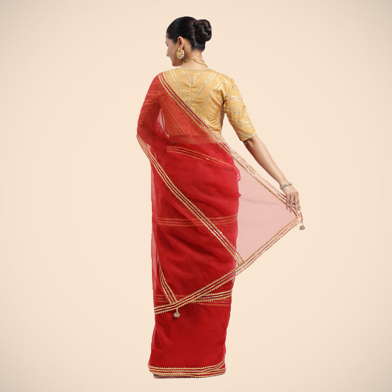Gulaal x Tyohaar | Crimson Red Organza Ready-to-Wear Saree with Golden Gota Border-Binks