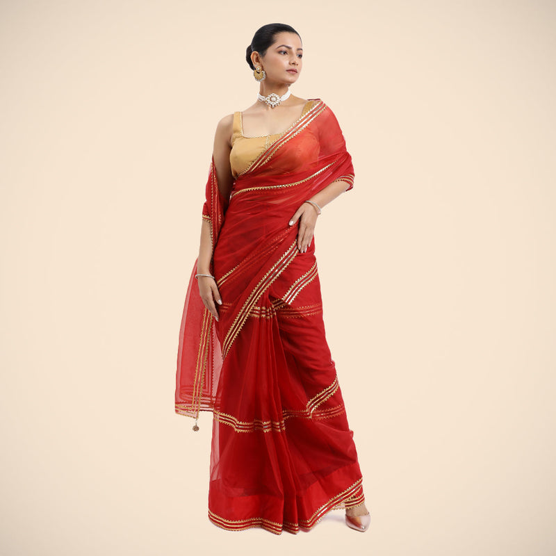 Gulaal x Tyohaar | Crimson Red Organza Ready-to-Wear Saree with Golden Gota Border-Binks