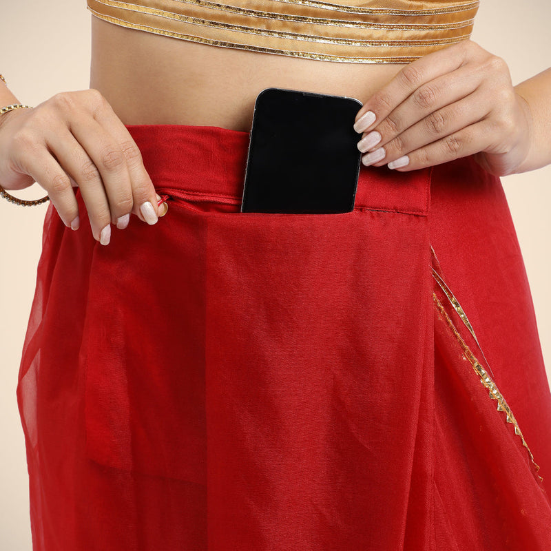 Gulaal x Tyohaar | Crimson Red Organza Ready-to-Wear Saree with Golden Gota Border-Binks