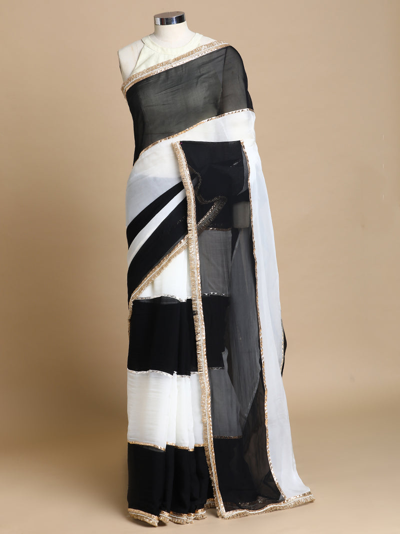 Kajol x Tyohaar | Mystic Black And Frost White Viscose Organza Multi-Panelled Saree With Designer Lace-Binks