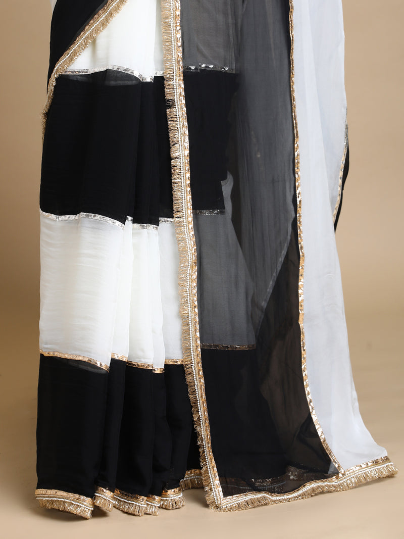 Kajol x Tyohaar | Mystic Black And Frost White Viscose Organza Multi-Panelled Saree With Designer Lace-Binks
