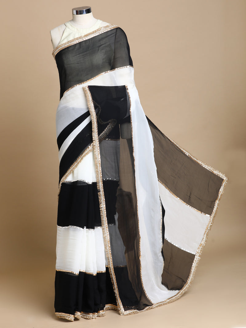 Kajol x Tyohaar | Mystic Black And Frost White Viscose Organza Multi-Panelled Saree With Designer Lace-Binks