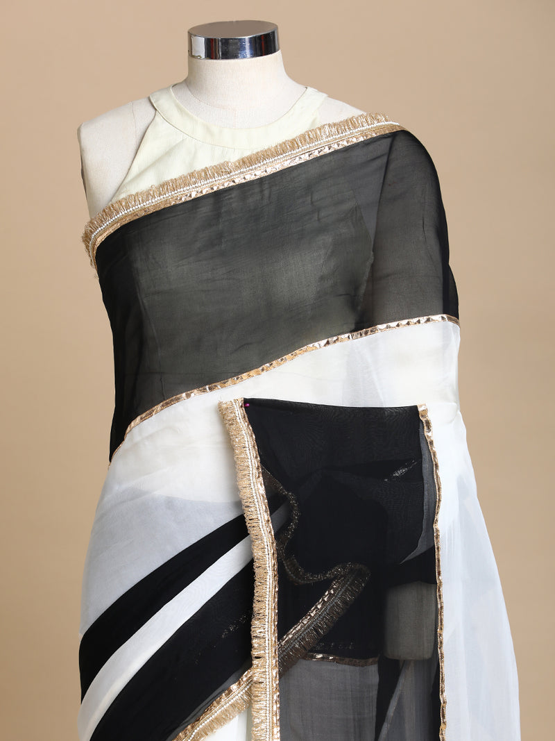 Kajol x Tyohaar | Mystic Black And Frost White Viscose Organza Multi-Panelled Saree With Designer Lace-Binks