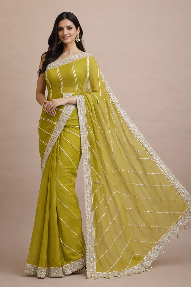Kalindi x Tyohaar | Amber Olive Viscose Organza Saree With Handcrafted Geometric Gota Work-Binks